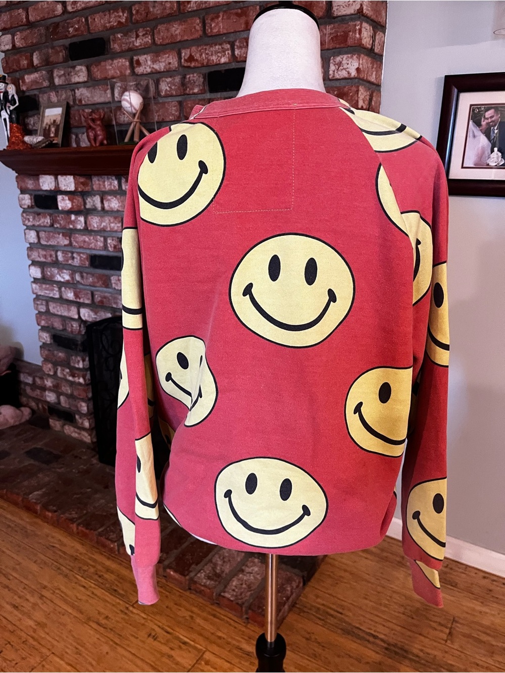Aviator Nation $165 Red Crewneck Sweater with Yellow Smiley Print - Picture 3 of 4